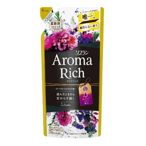 LION Aroma Rich Juliette Кондиционер для белья, с ароматом черной смородины, жасмина и ванили, мягкая упаковка, 400мл.
