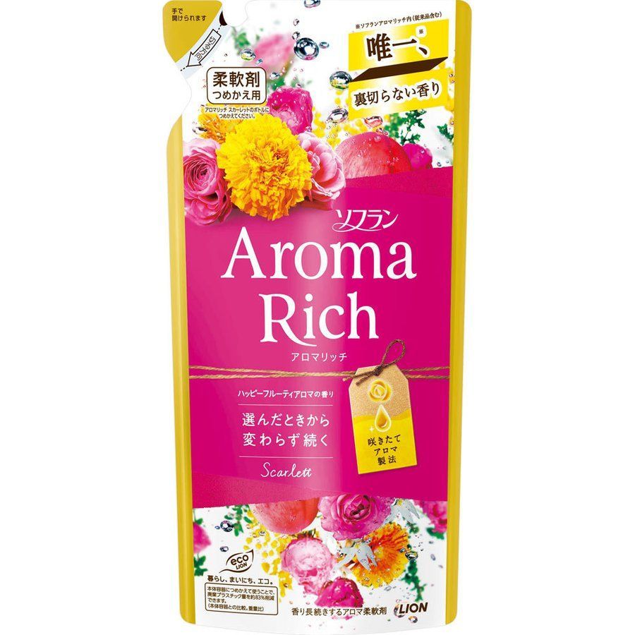 LION Aroma Rich Scarlett Кондиционер для белья , с ароматом персика, маракуйи и мимозы, мягкая упаковка, 400мл.
